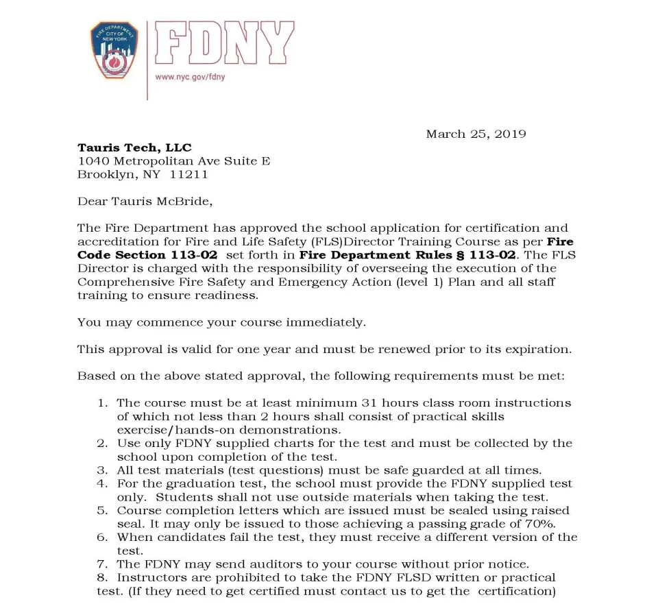 FDNY letter approving Tauris Tech for Fire and Life Safety Director training course instruction, dated March 25, 2019