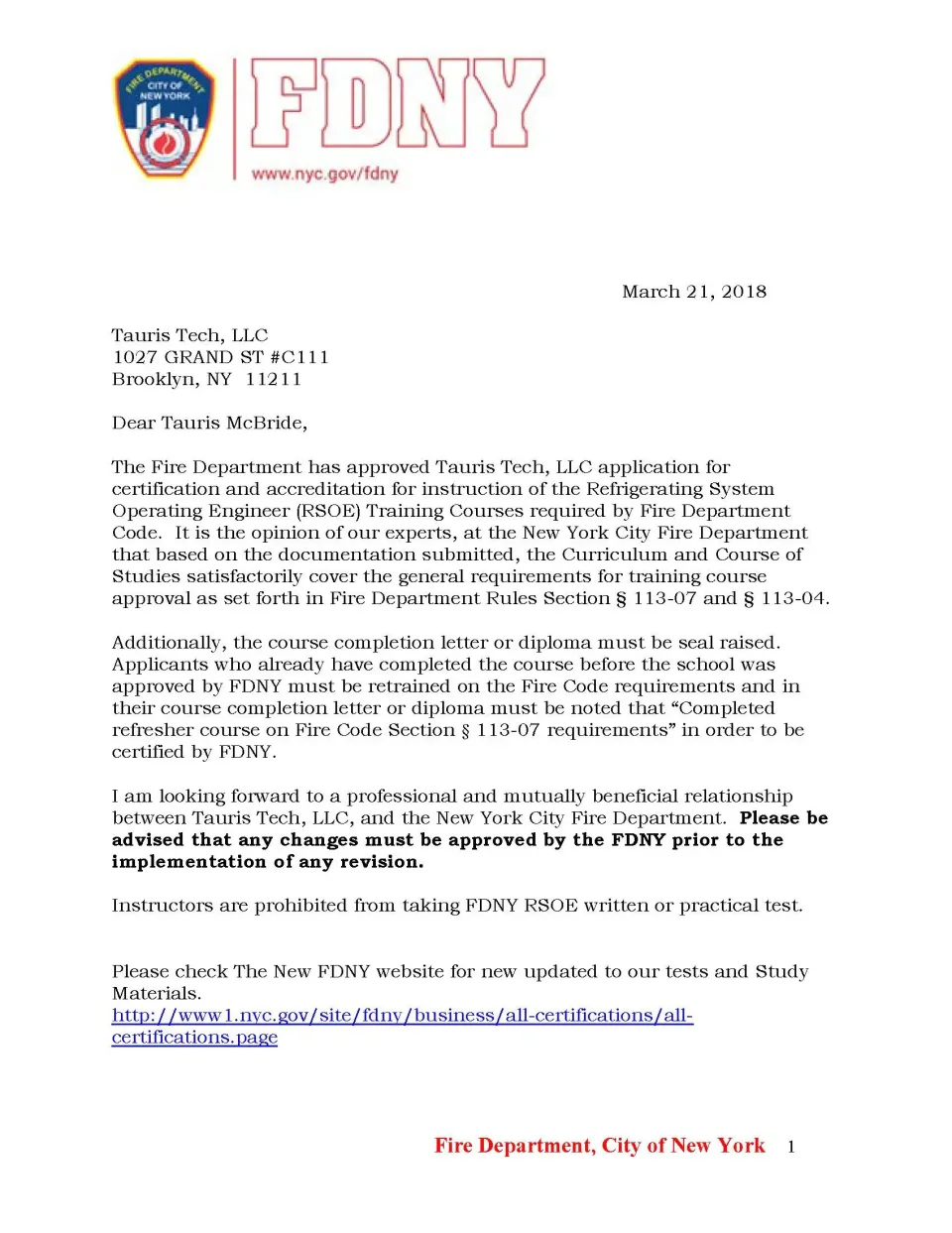 FDNY letter approving Tauris Tech for RSOE training course instruction, dated March 21, 2018