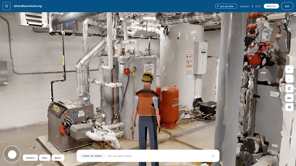 A student avatar in front of a boiler and hot water heaters in a scanned New York City mechanical room