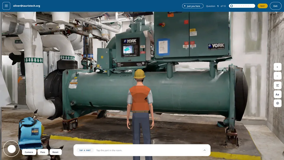 A student avatar beside a York centrifugal chiller in a scanned mechanical room, shown in the Tauris Training app