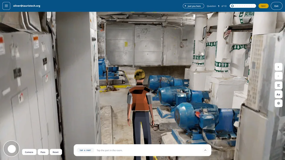 A student avatar in a scanned pump room, with chilled water pumps on one side and electrical panels on the other