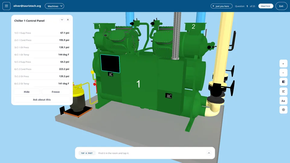 The Tauris Training Simulator showing a chiller control panel with evaporator, condenser, and oil pressures for both compressors