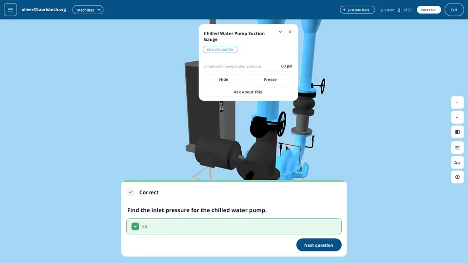 A student's answer marked correct in the Tauris Training Simulator, after reading an inlet pressure of 60 psi off a chilled water pump gauge