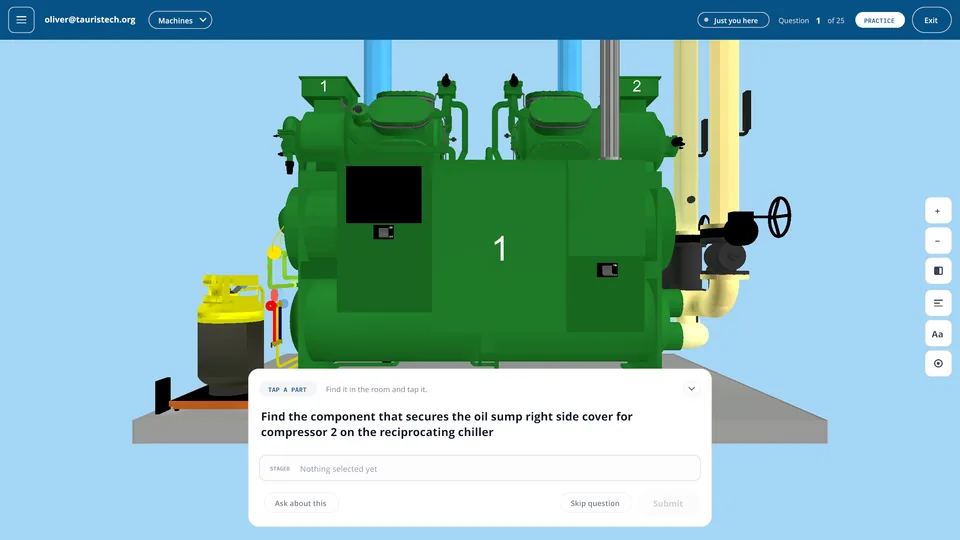 A practical question in the Tauris Training Simulator, asking the student to find the component that secures a compressor oil sump cover