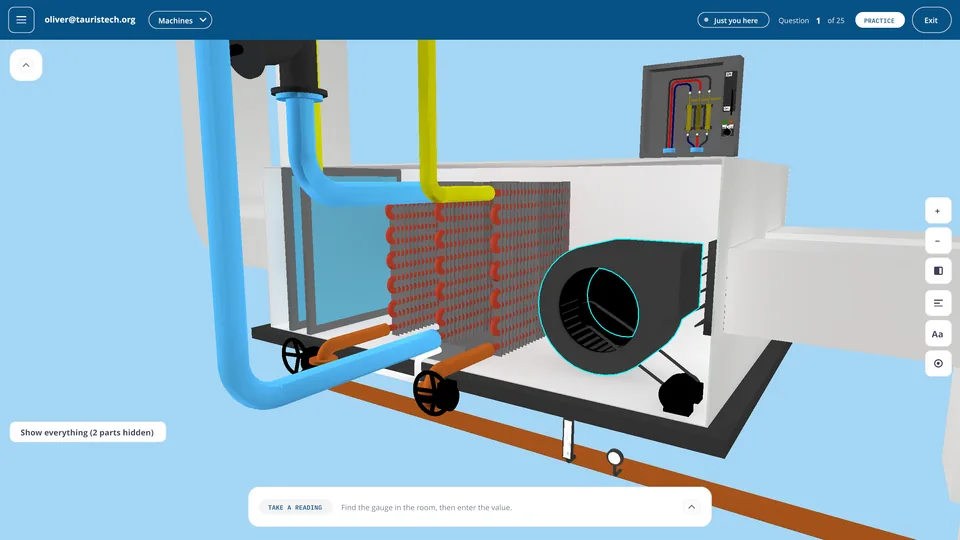 An air handler in the Tauris Training Simulator with its casing hidden, showing the coil, the blower, and the chilled water piping