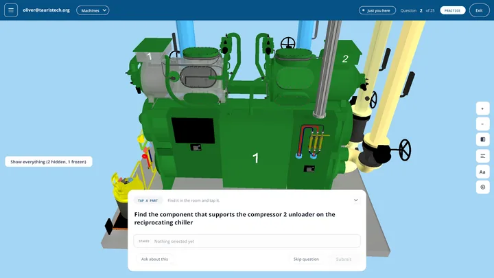 A practical question in the Tauris Training Simulator, asking the student to find the component that supports a compressor unloader